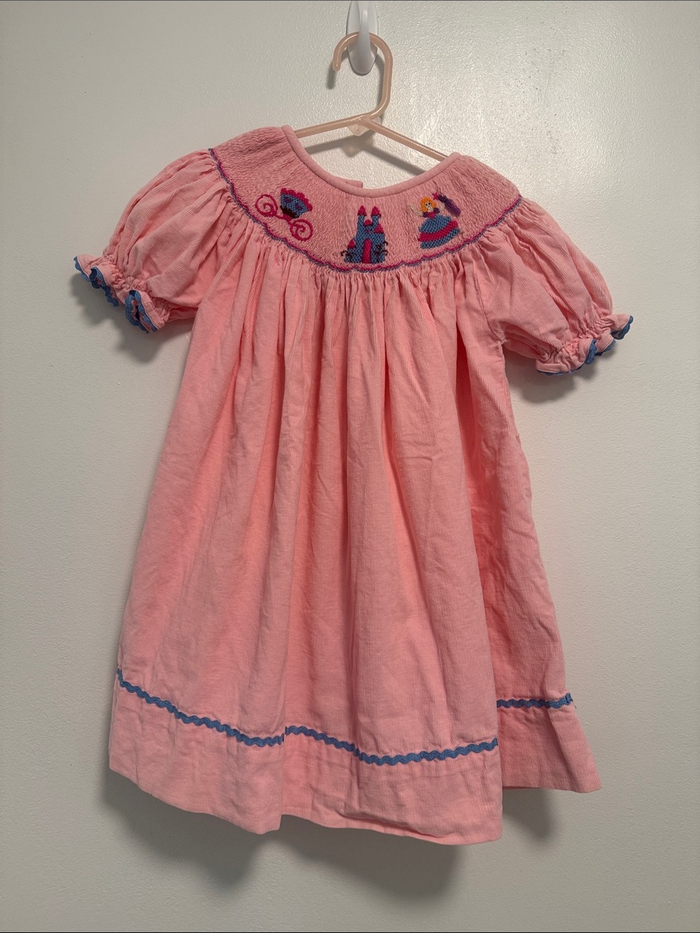 Smocked Cinderella Pink Girls' Casual Dress with Blue Trim